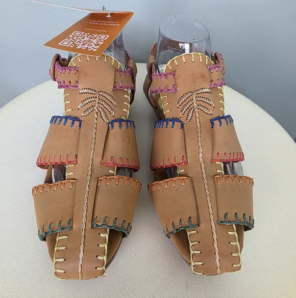 NWT Farm Rio Caramel Tan Whipstitch Fisherman Sandals Palm Tree Adjustable Strap - Picture 5 of 17